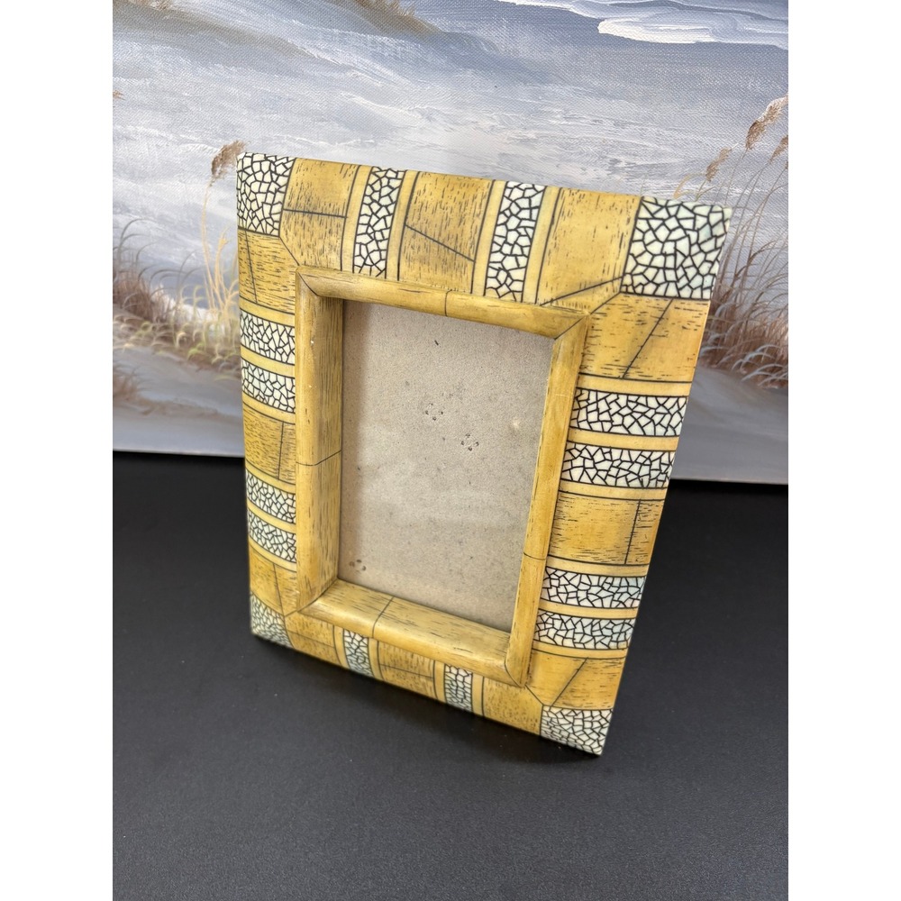 Mosaic Bone Inlay Picture Frame Tan Cream Geometric 4x6 Tabletop Decor